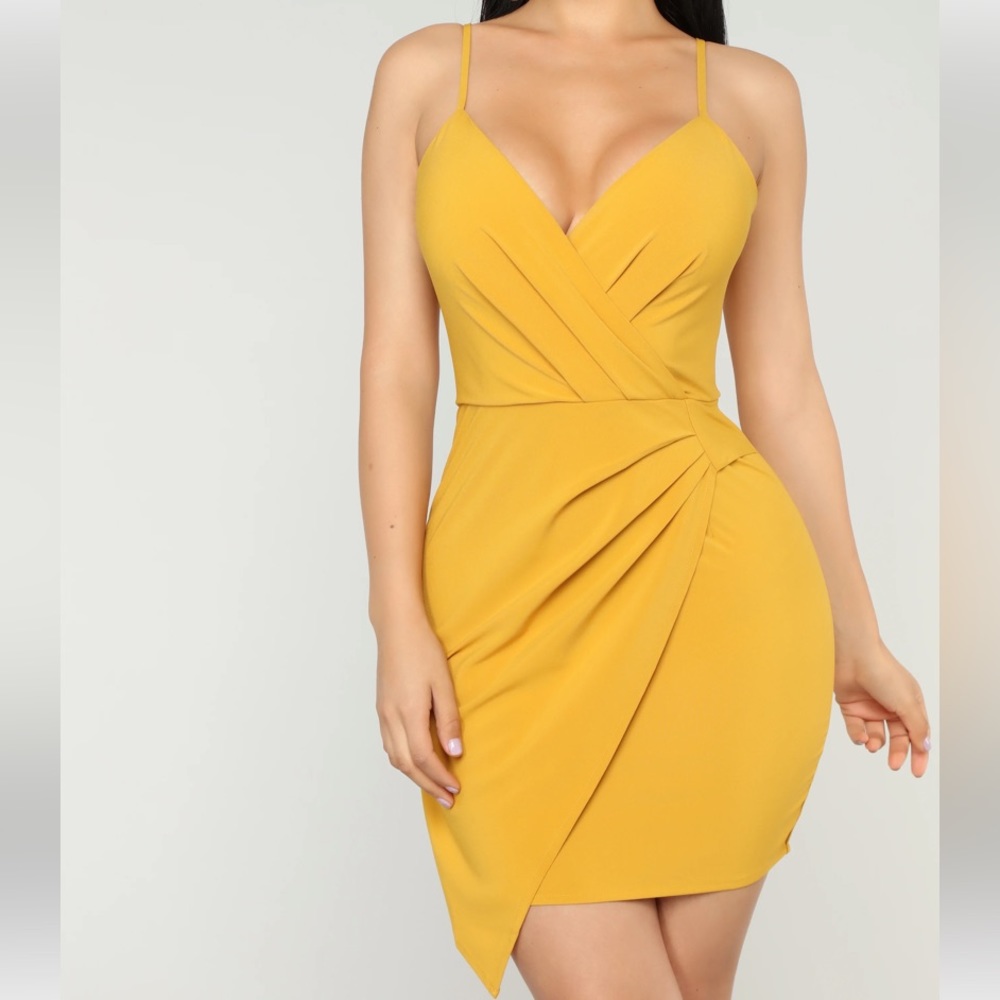 Lovely Fashion Nova Mustard Yellow Asymmetrical Surplice Bodycon Short Dress